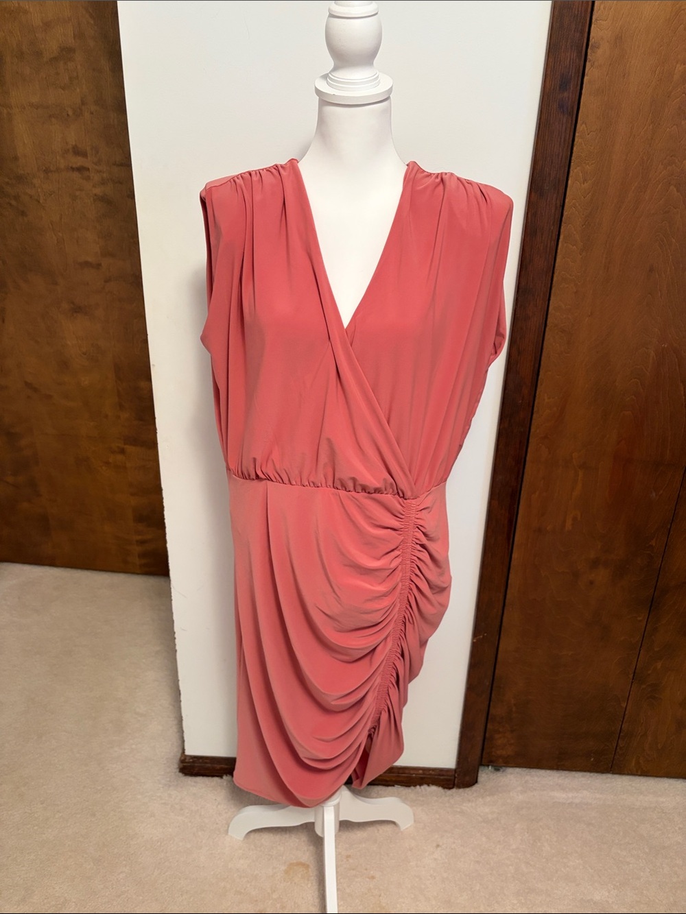 Express Sleeveless Ruched Wrap Midi Dress in Coral